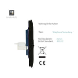Side profile of the matt black 2 gang telephone secondary socket showing screwless plate depth, rear terminal block, and white cable connector, with specifications listed.