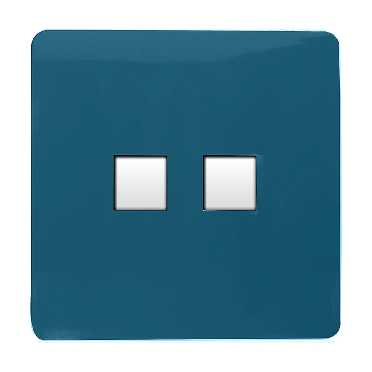 2 Gang Ethernet Socket in midnight blue with a screwless square plate and two white port openings, shown on a plain white background.