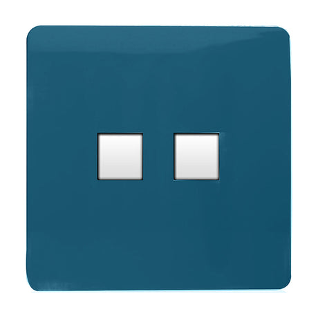 2 Gang Ethernet Socket in midnight blue with a screwless square plate and two white port openings, shown on a plain white background.