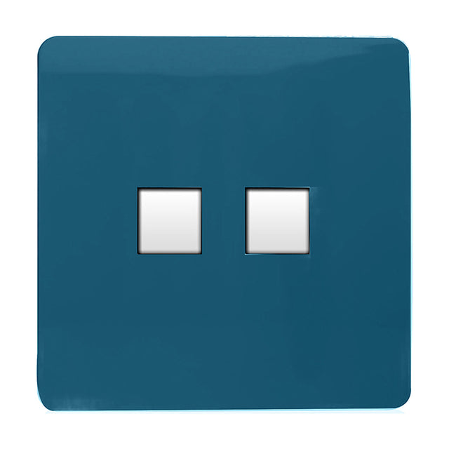 2 Gang Ethernet Socket in midnight blue with a screwless square plate and two white port openings, shown on a plain white background.