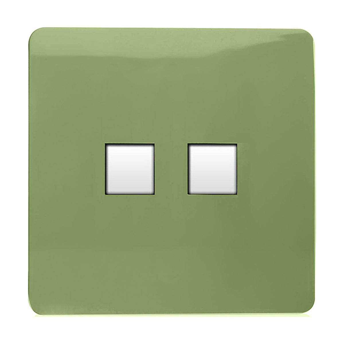 Square moss green 2 gang ethernet socket with a screwless flat plate and two side-by-side data ports, shown on a plain white background.