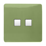 Square moss green 2 gang ethernet socket with a screwless flat plate and two side-by-side data ports, shown on a plain white background.