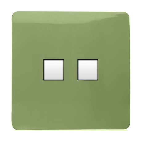 Square moss green 2 gang ethernet socket with a screwless flat plate and two side-by-side data ports, shown on a plain white background.