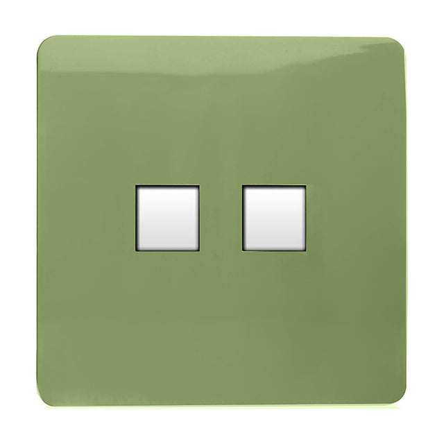 Square moss green 2 gang ethernet socket with a screwless flat plate and two side-by-side data ports, shown on a plain white background.