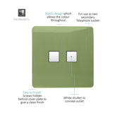 Screwless flat plate 2 gang ethernet socket in moss green, with two white shuttered data ports, showing hidden-screw fixing and install details on a white background.