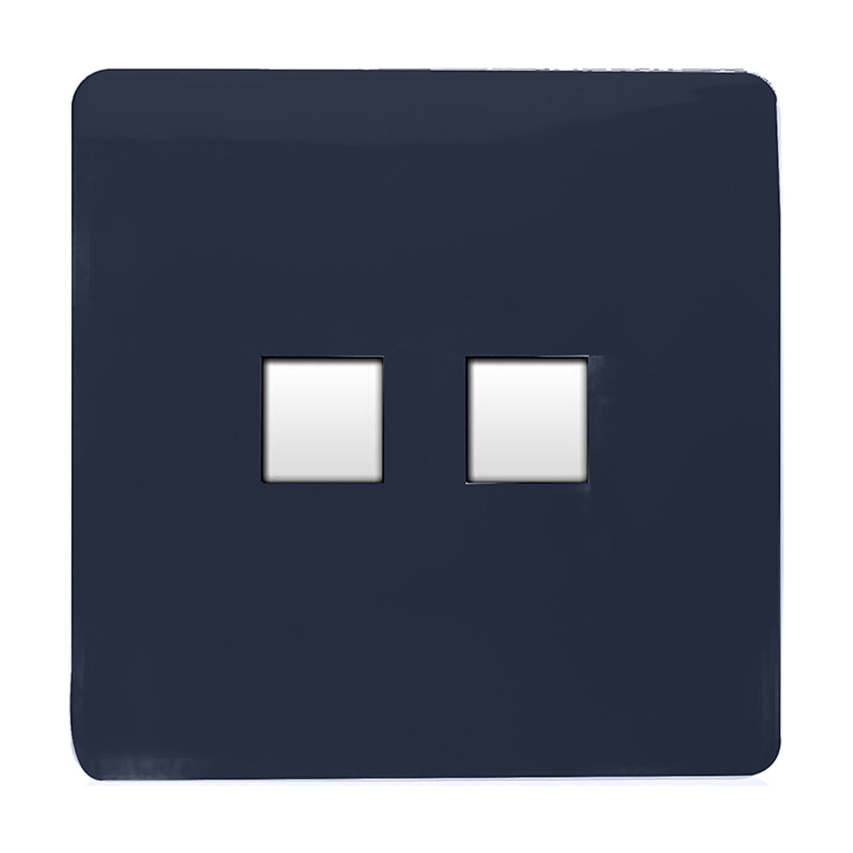 2 Gang Ethernet socket in navy blue, square screwless plate with two white data ports, shown against a plain white background.