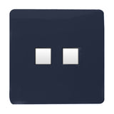 2 Gang Ethernet socket in navy blue, square screwless plate with two white data ports, shown against a plain white background.