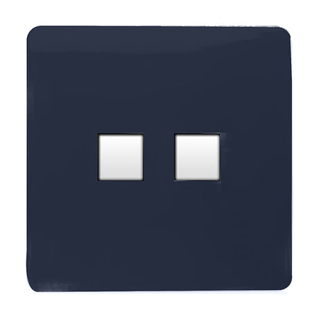 2 Gang Ethernet socket in navy blue, square screwless plate with two white data ports, shown against a plain white background.