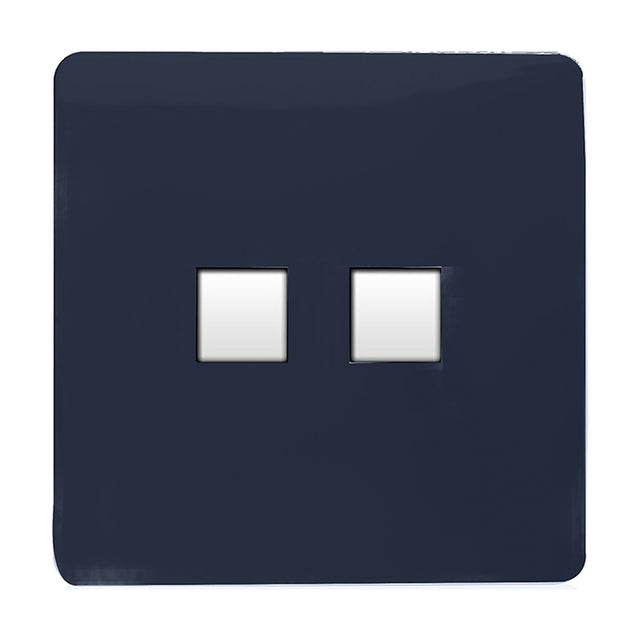 2 Gang Ethernet socket in navy blue, square screwless plate with two white data ports, shown against a plain white background.
