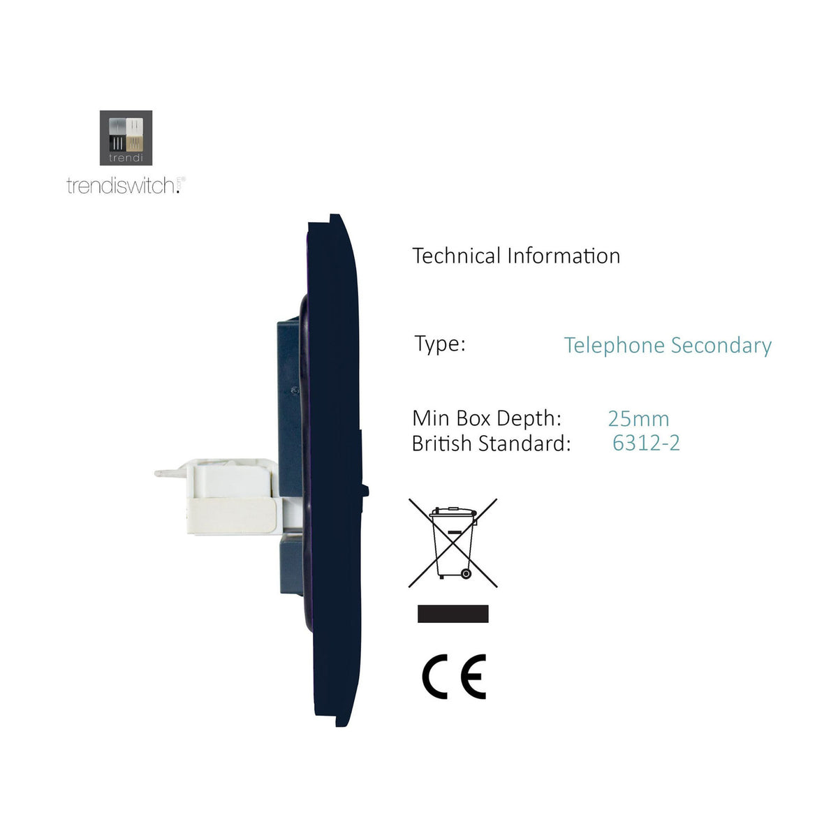 Side view of the Trendi Switch 2 Gang Ethernet Socket in navy blue, screwless plate with white internal telephone/data connector, technical specification panel shown alongside on a white background.