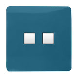 2 Gang Ethernet Socket in Ocean Blue with a screwless flat square plate and two white square data ports, shown on a plain white background.