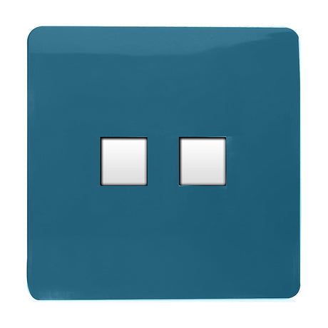 2 Gang Ethernet Socket in Ocean Blue with a screwless flat square plate and two white square data ports, shown on a plain white background.