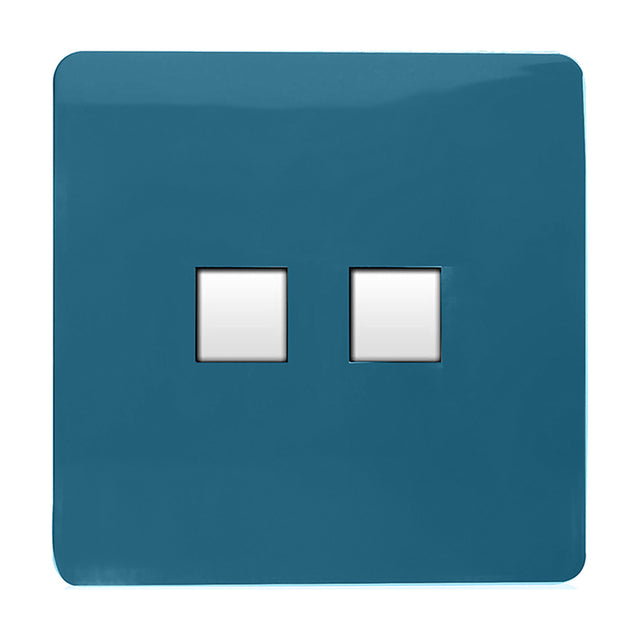 2 Gang Ethernet Socket in Ocean Blue with a screwless flat square plate and two white square data ports, shown on a plain white background.