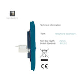 Side profile of a 2 Gang Ethernet Socket in ocean blue, showing a screwless flat plate with internal terminal block, on a white background beside technical specification text.