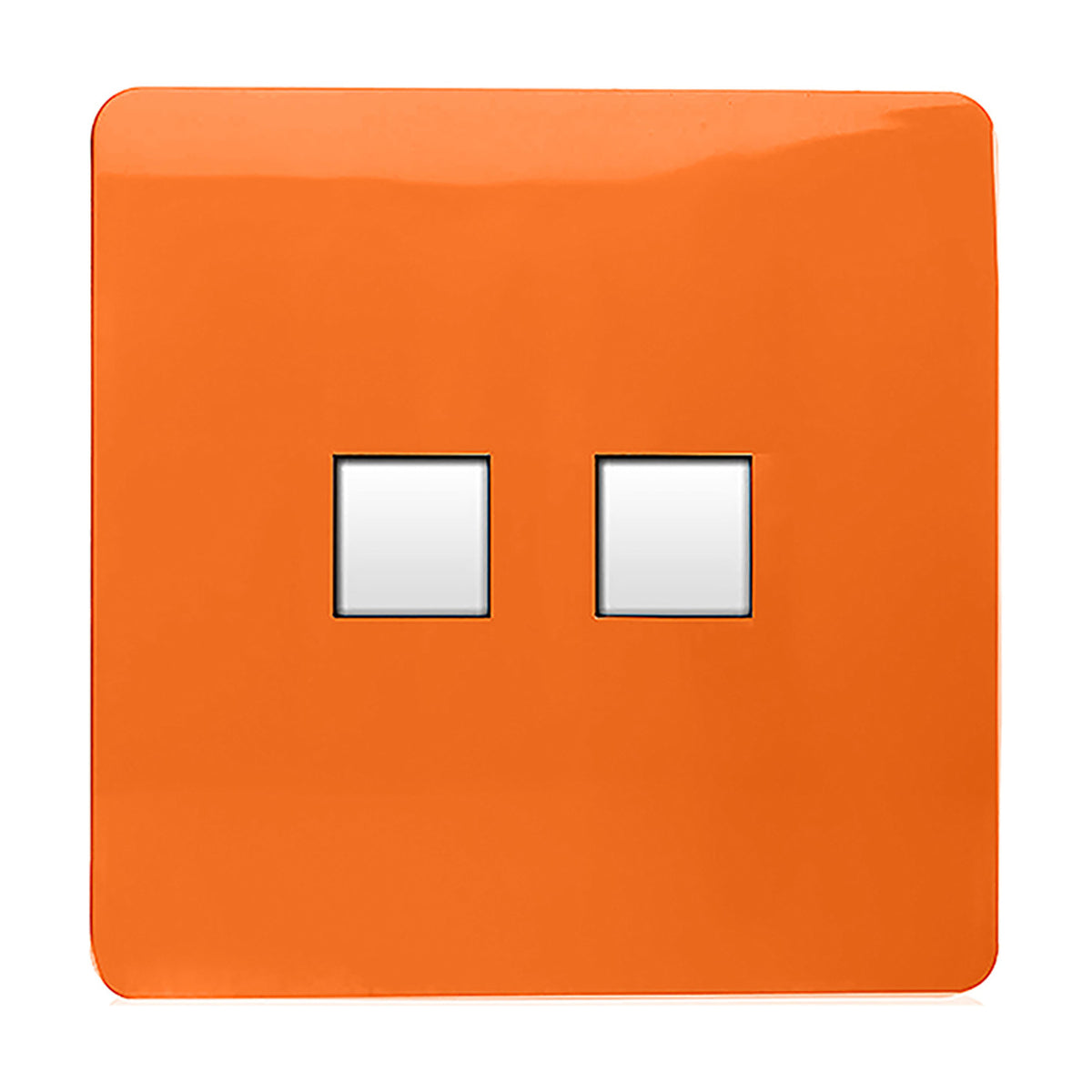 Square orange screwless 2 gang ethernet socket with two white ports side by side, shown on a plain white background.