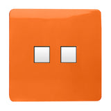 Square orange screwless 2 gang ethernet socket with two white ports side by side, shown on a plain white background.