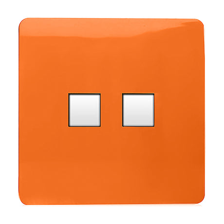 Square orange screwless 2 gang ethernet socket with two white ports side by side, shown on a plain white background.