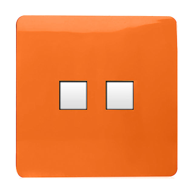 Square orange screwless 2 gang ethernet socket with two white ports side by side, shown on a plain white background.