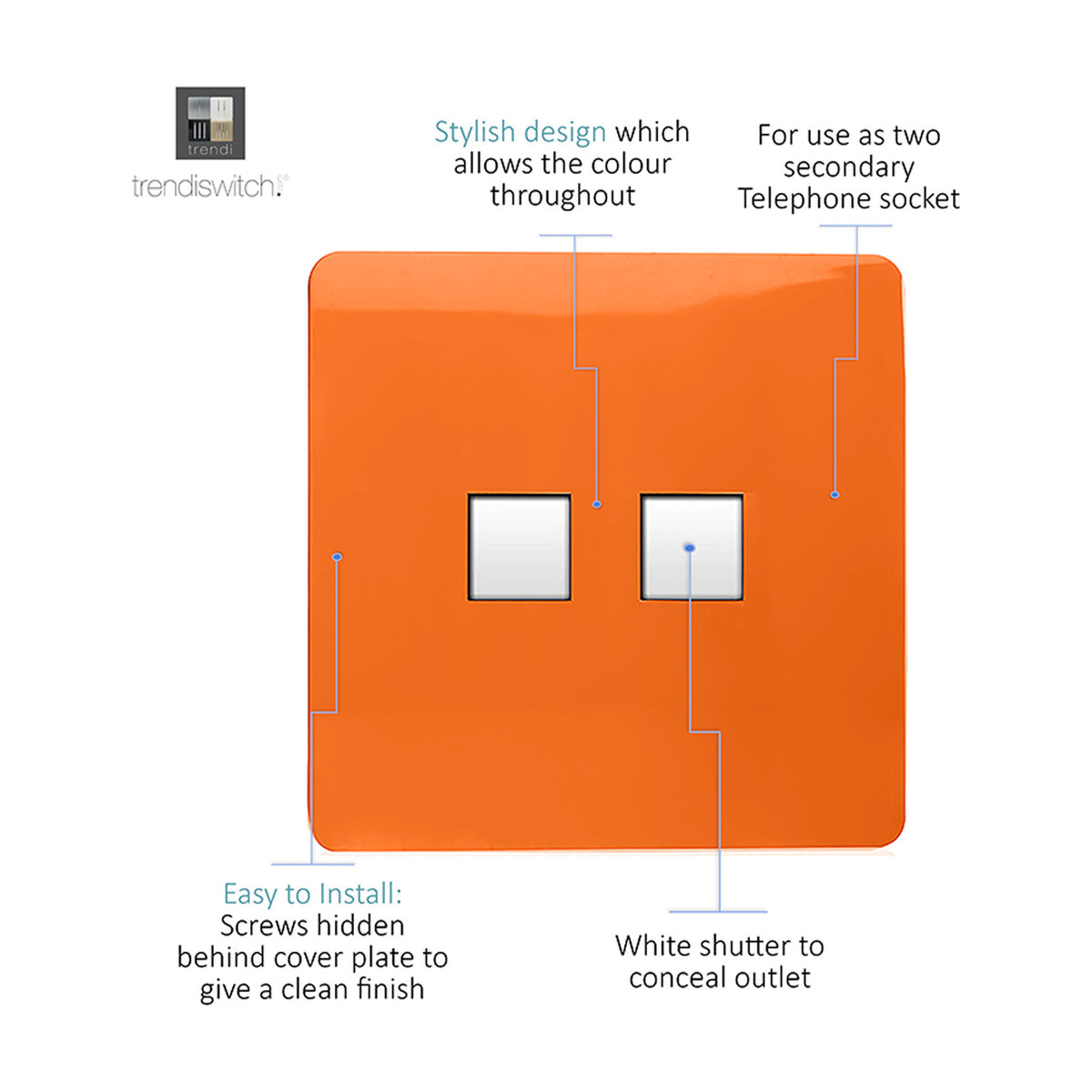 2 Gang Ethernet Socket in Orange with screwless flat plate, two white shuttered outlets, and labelled callouts showing design and installation features.