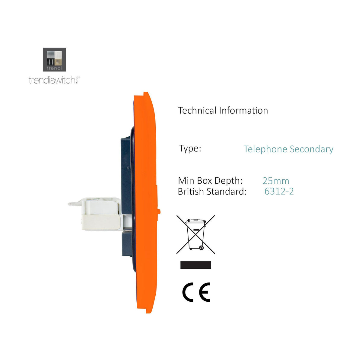Side profile view of a 2 gang ethernet socket in orange with a screwless flat plate, showing metal mounting bracket and white network module on a plain background.