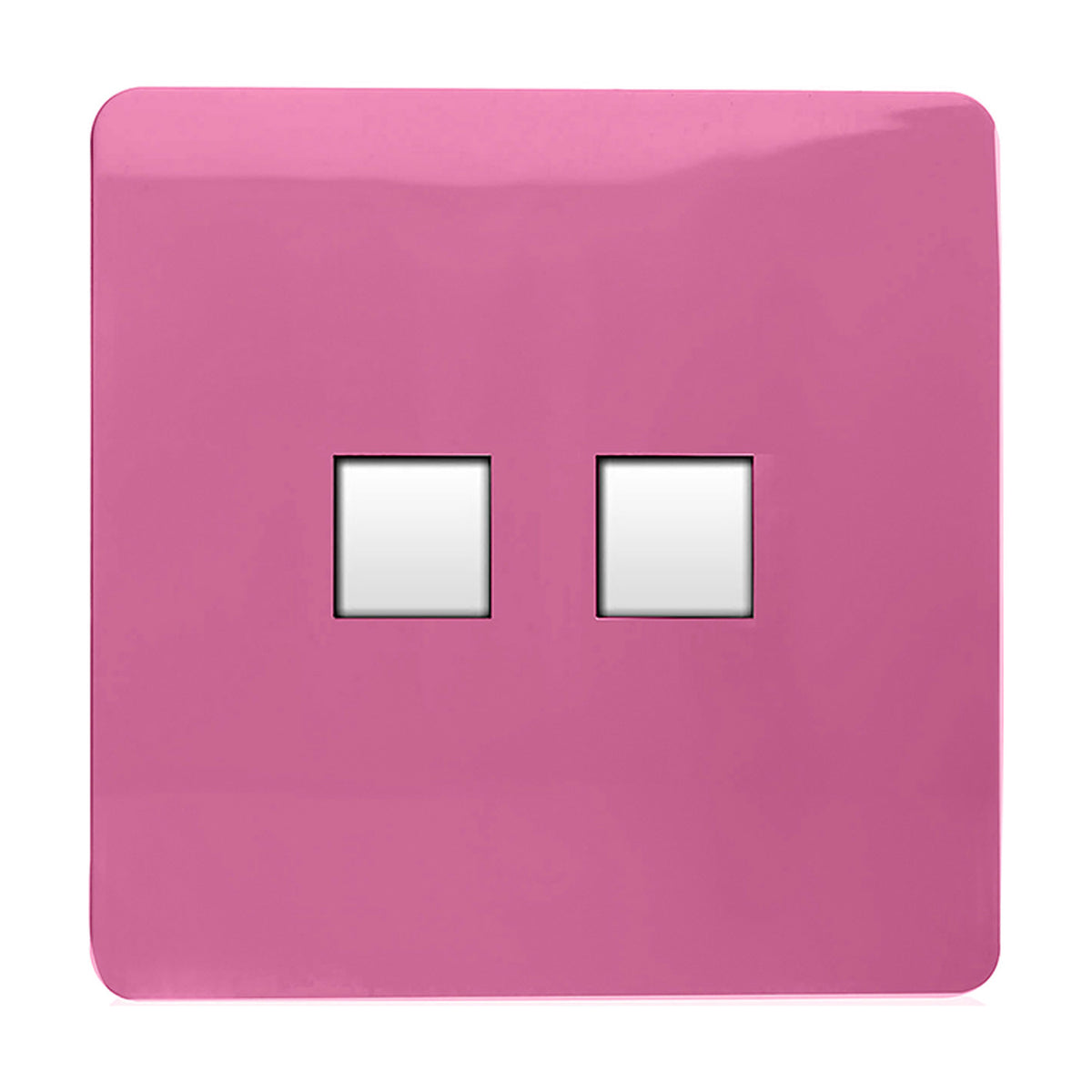 Pink 2 gang ethernet socket with screwless square plate and two blank data ports for Cat 5/Cat 6 cabling, shown on a plain white background.
