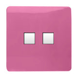 Pink 2 gang ethernet socket with screwless square plate and two blank data ports for Cat 5/Cat 6 cabling, shown on a plain white background.