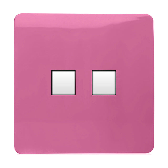 Pink 2 gang ethernet socket with screwless square plate and two blank data ports for Cat 5/Cat 6 cabling, shown on a plain white background.
