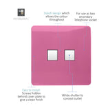2 Gang Ethernet Socket in pink, screwless square plate with two white shuttered outlets, labelled diagram on white background.