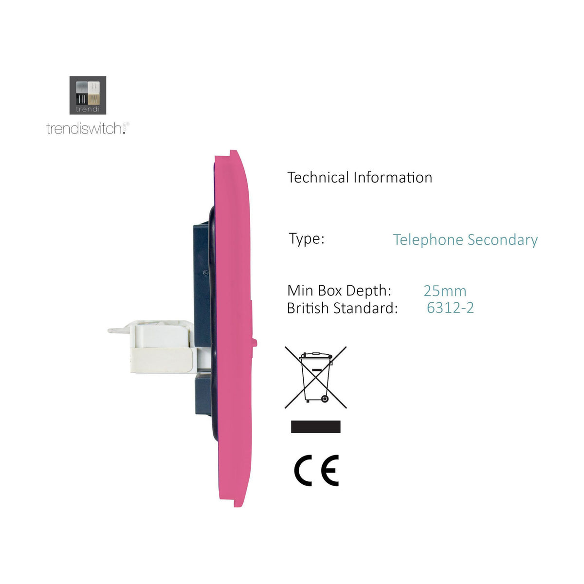 Side view of a pink 2 gang Ethernet socket showing the screwless plate depth, metal box, and RJ45 connector module, set against a white background.