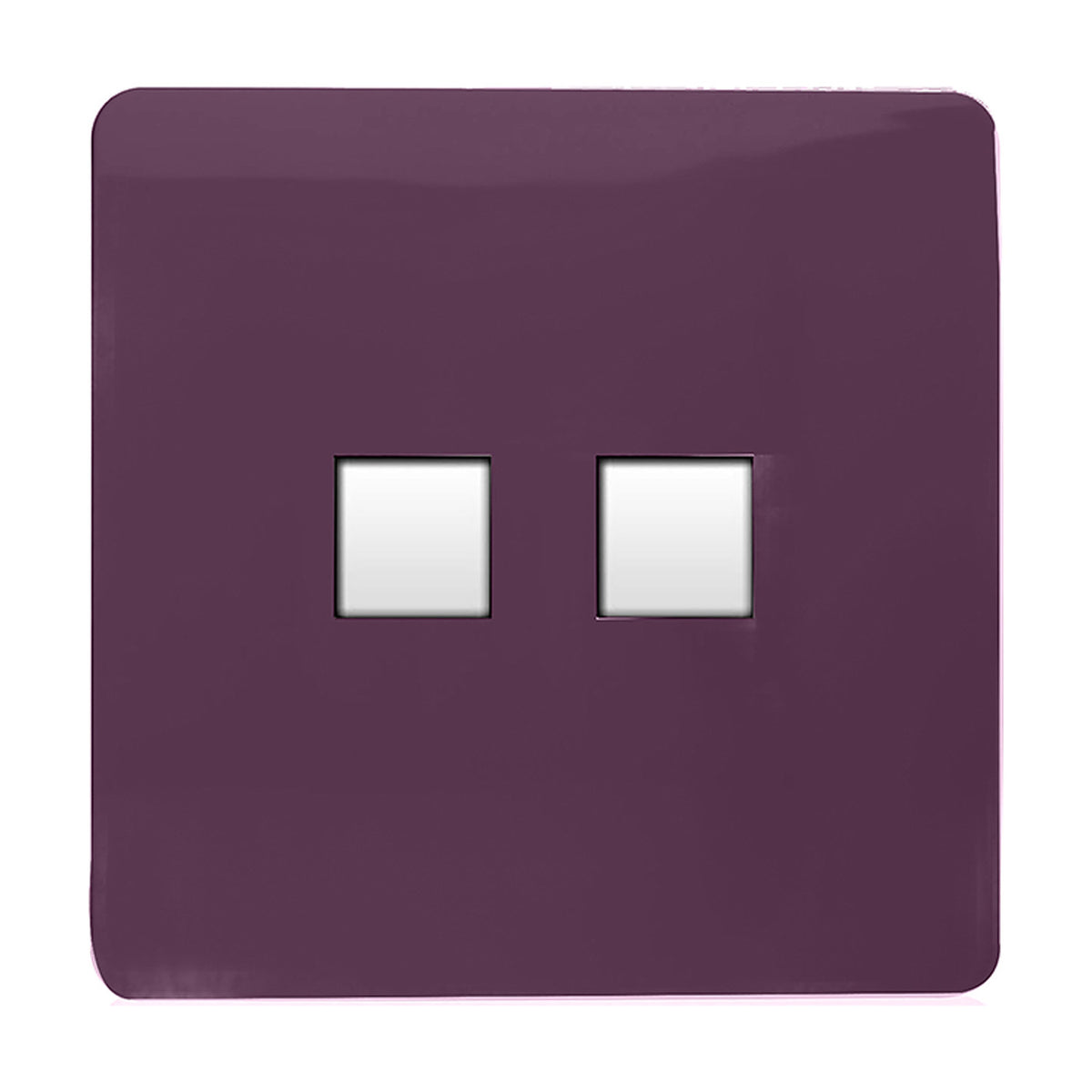 2 Gang Ethernet Socket in plum, screwless flat plate with two square white network ports, shown on a plain white background.