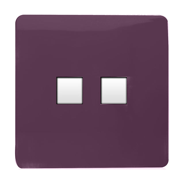 2 Gang Ethernet Socket in plum, screwless flat plate with two square white network ports, shown on a plain white background.