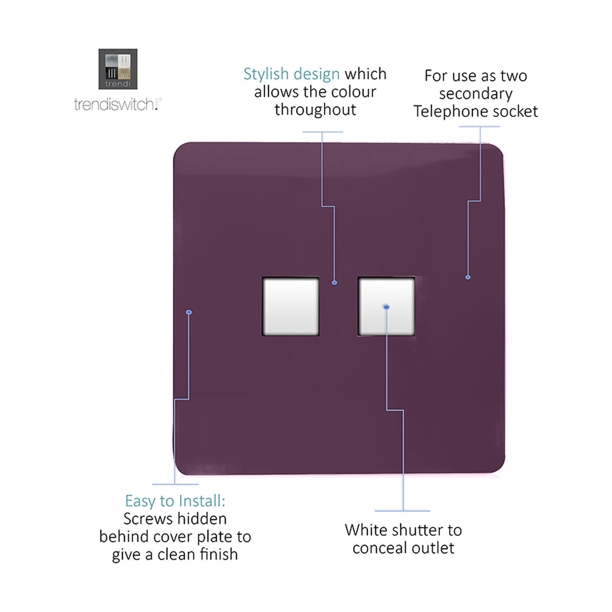 2 Gang Ethernet Socket in plum with white shutter outlets, screwless flat plate concealing fixing screws, shown with labelled feature callouts.