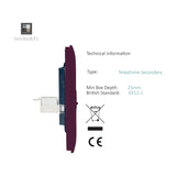 Side profile view of the Plum 2 Gang Ethernet Socket, screwless plate in deep plum with rear white network module, shown against a white background alongside technical specification details.