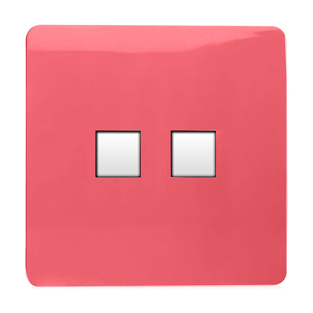 2 Gang Ethernet Socket in strawberry pink, screwless square plate with two blank data ports, shown on a plain white background.