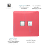 Square strawberry pink 2 gang ethernet socket with white shuttered ports, screwless plate design, shown with labelled feature callouts on a white background.