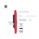 Side profile view of a 2 gang telephone secondary socket in strawberry red, screwless design showing depth and rear terminal connections against a white background.