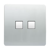 2 Gang Ethernet Socket in platinum silver with a flat, screwless metal plate and two square data ports side by side, shown on a plain white background.
