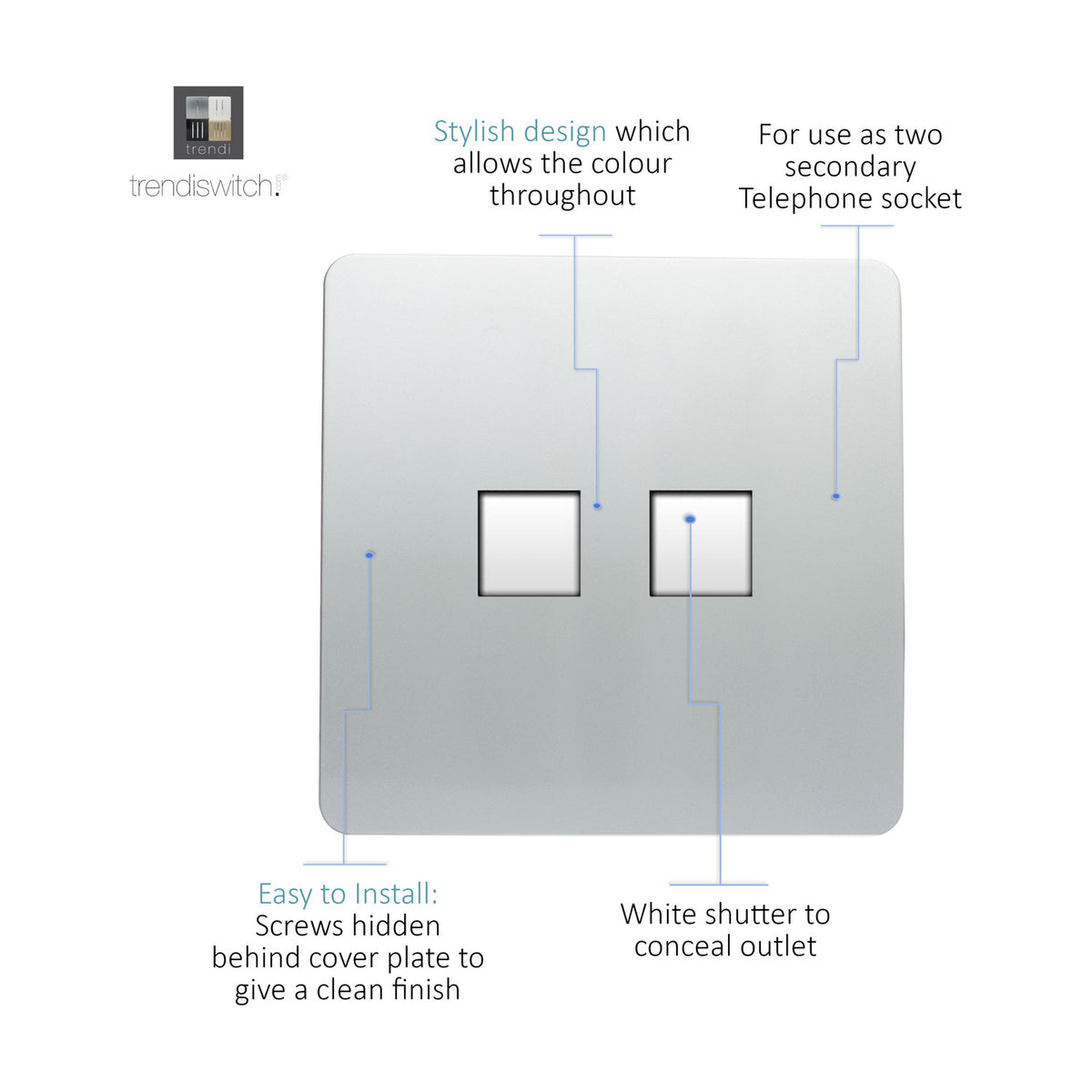 Screwless 2 gang Ethernet socket in platinum silver with two square white shuttered outlets on a flat metal plate, shown with feature callouts on a white background.