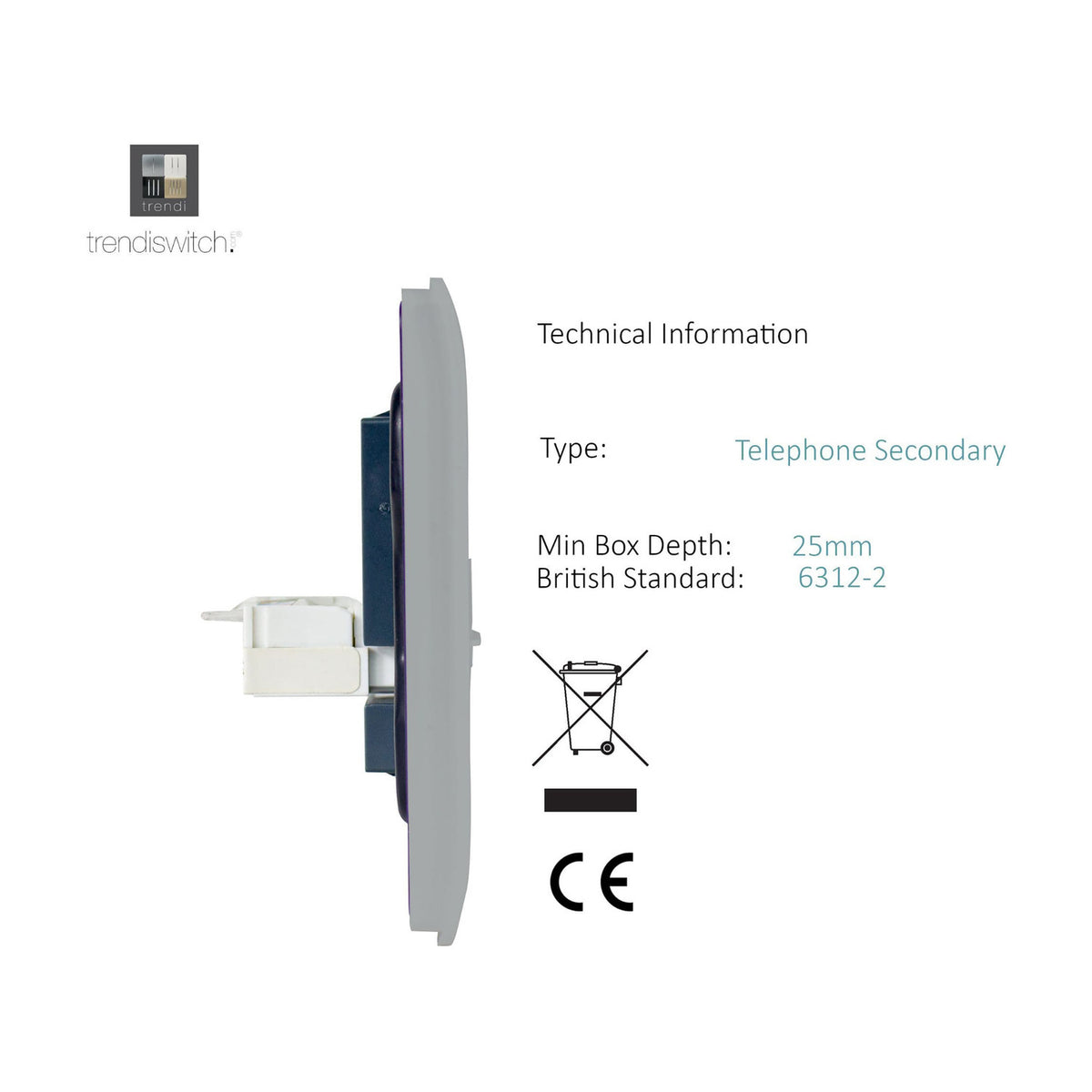 Side profile view of a 2 Gang Ethernet Socket in platinum silver, screwless flat plate with rear connector module visible, technical specifications shown alongside on white background.