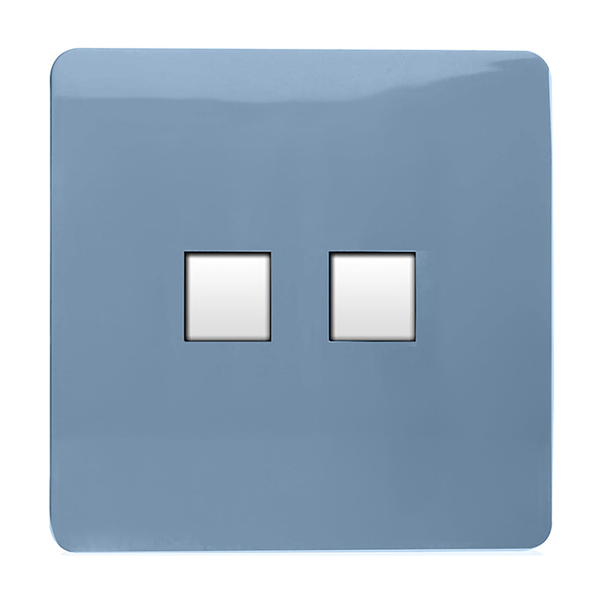 2 Gang Ethernet Socket in sky blue with a flat, screwless faceplate and two white square data ports for Cat 5/6 cabling, shown on a plain white background.