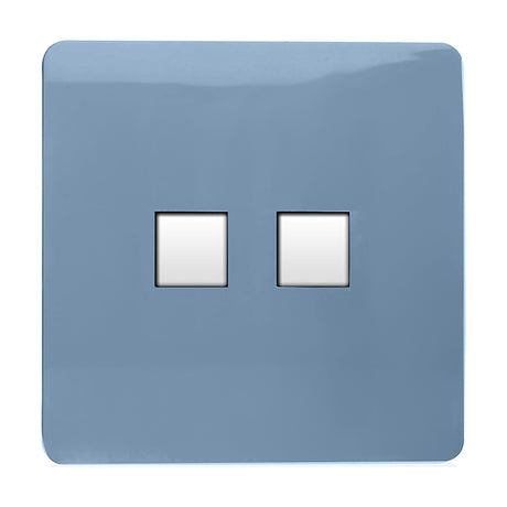 2 Gang Ethernet Socket in sky blue with a flat, screwless faceplate and two white square data ports for Cat 5/6 cabling, shown on a plain white background.
