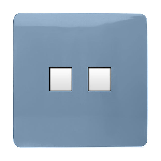2 Gang Ethernet Socket in sky blue with a flat, screwless faceplate and two white square data ports for Cat 5/6 cabling, shown on a plain white background.