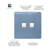 Sky blue 2 gang ethernet socket with screwless flat plate and two white shuttered data ports, shown with labelled feature callouts on a white background.