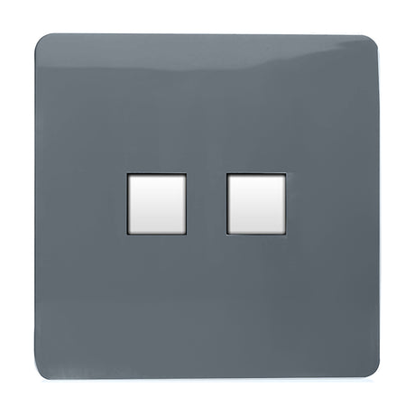 2 Gang Ethernet Socket in warm grey with a screwless square plate and two white data ports, shown on a plain white background.