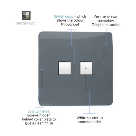 2 Gang Ethernet Socket in warm grey with screwless square plate, two white shuttered ports for Cat 5/6 cabling, shown on a white background.