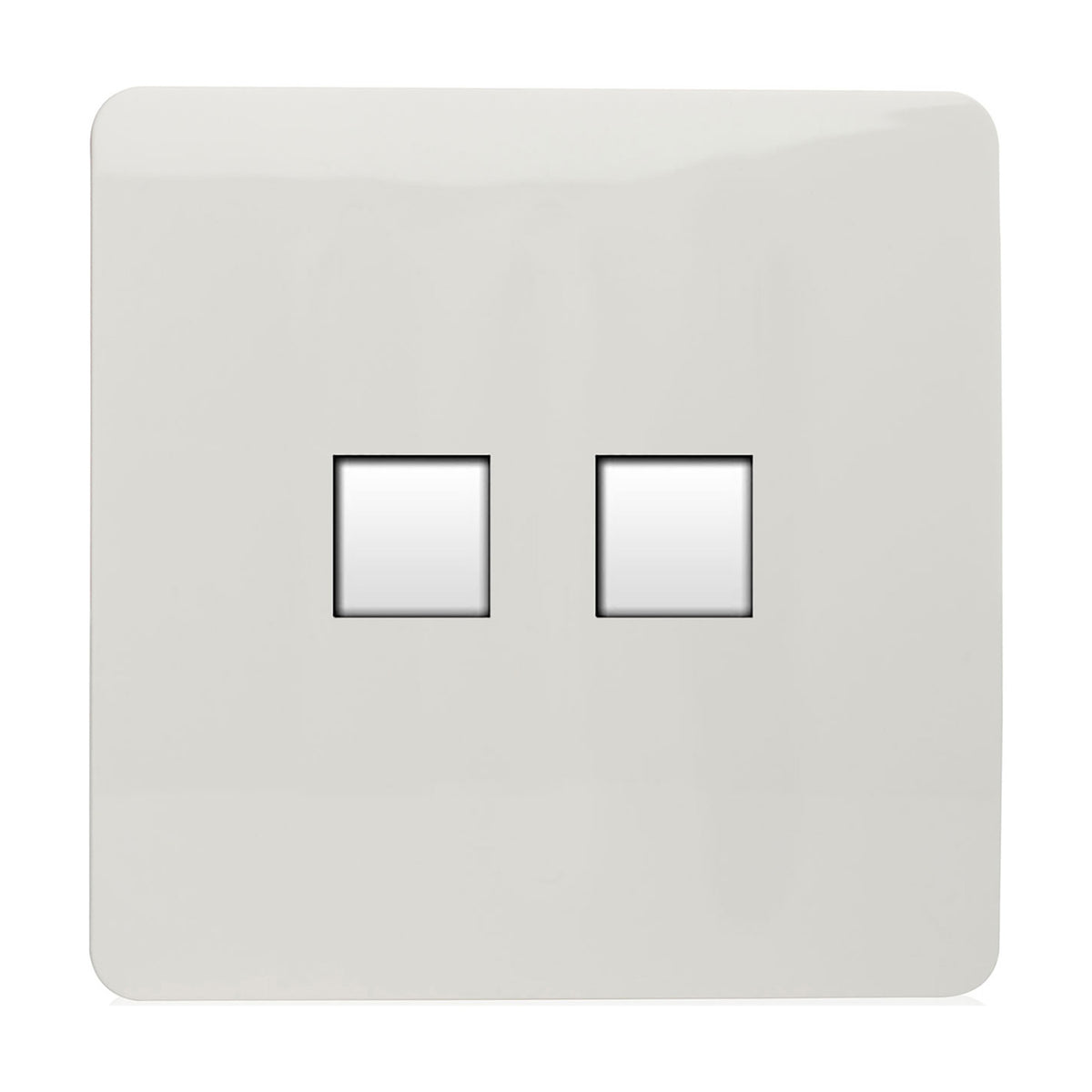 2 Gang Ethernet Socket in ice white with a flat screwless square plate and two data ports, shown on a plain white background.