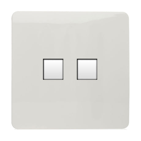 2 Gang Ethernet Socket in ice white with a flat screwless square plate and two data ports, shown on a plain white background.