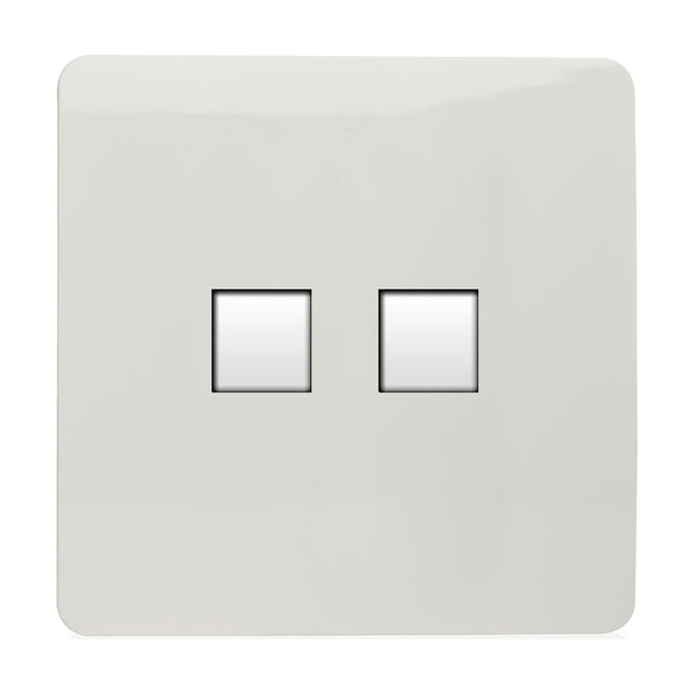 2 Gang Ethernet Socket in ice white with a flat screwless square plate and two data ports, shown on a plain white background.