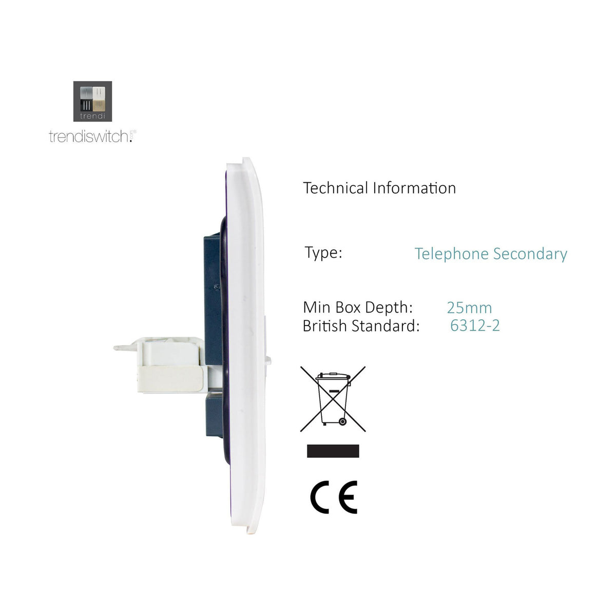 Side profile view of the 2 Gang Ethernet Socket in ice white, showing a screwless square plate with a deep mounting box and cable connector, set against a plain white background.