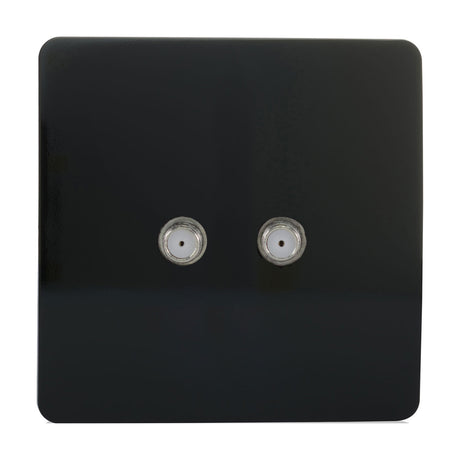 Square screwless 2 gang satellite outlet in gloss piano black with two side-by-side F-type connectors, shown on a plain white background.